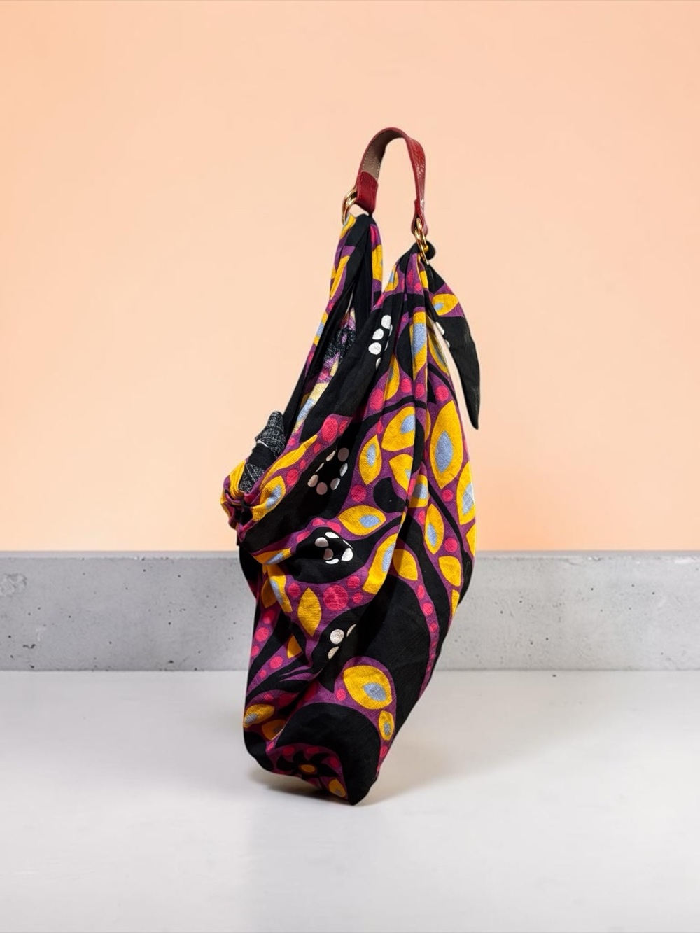 Kekefuda Kyoto vibrant Japanese Furoshiki multicolor  hobobag leather handle